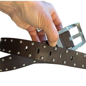 Awesome looking espresso brown silver studded belt faux vegan leather XL 41”
